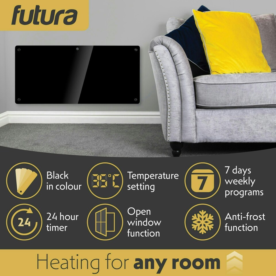 image 1 of Futura 2000W Electric Panel Glass Wall Heater Black