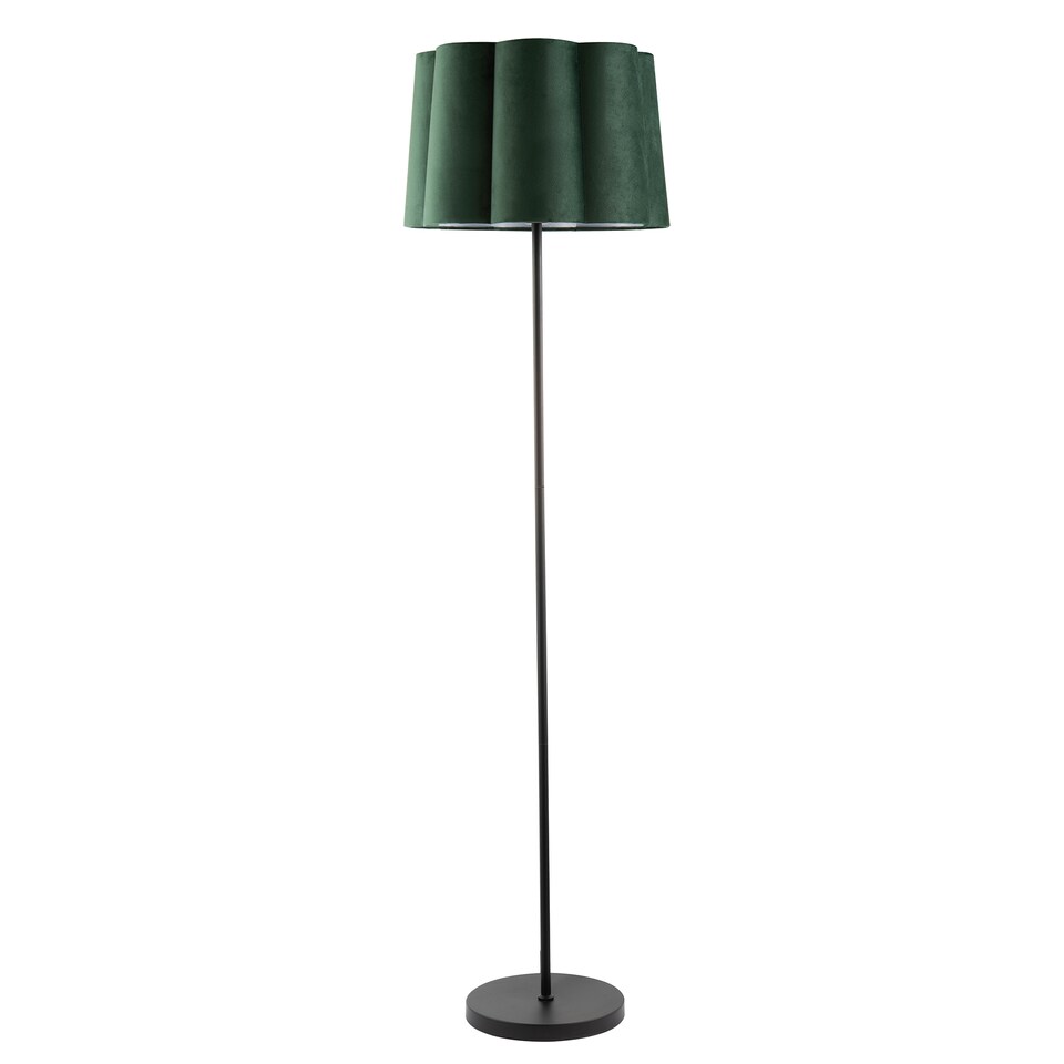 image 1 of Modern Matte Black Floor Lamp with Forest Green Velvet Scallop Shade