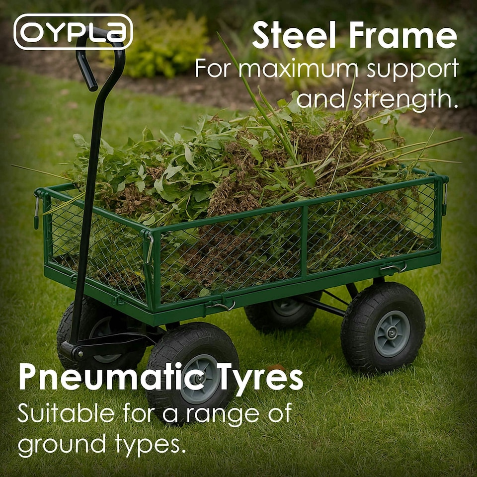 image 1 of Oypla Heavy Duty Metal Gardening Trolley - Green Trailer Cart