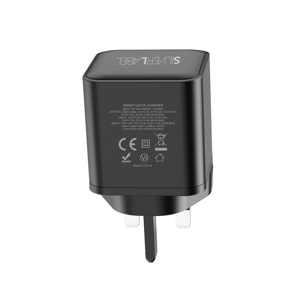 image 1 of SilverLabel 65WGaN Dual USB-A/C Mains Plug&USB-C Cable Black