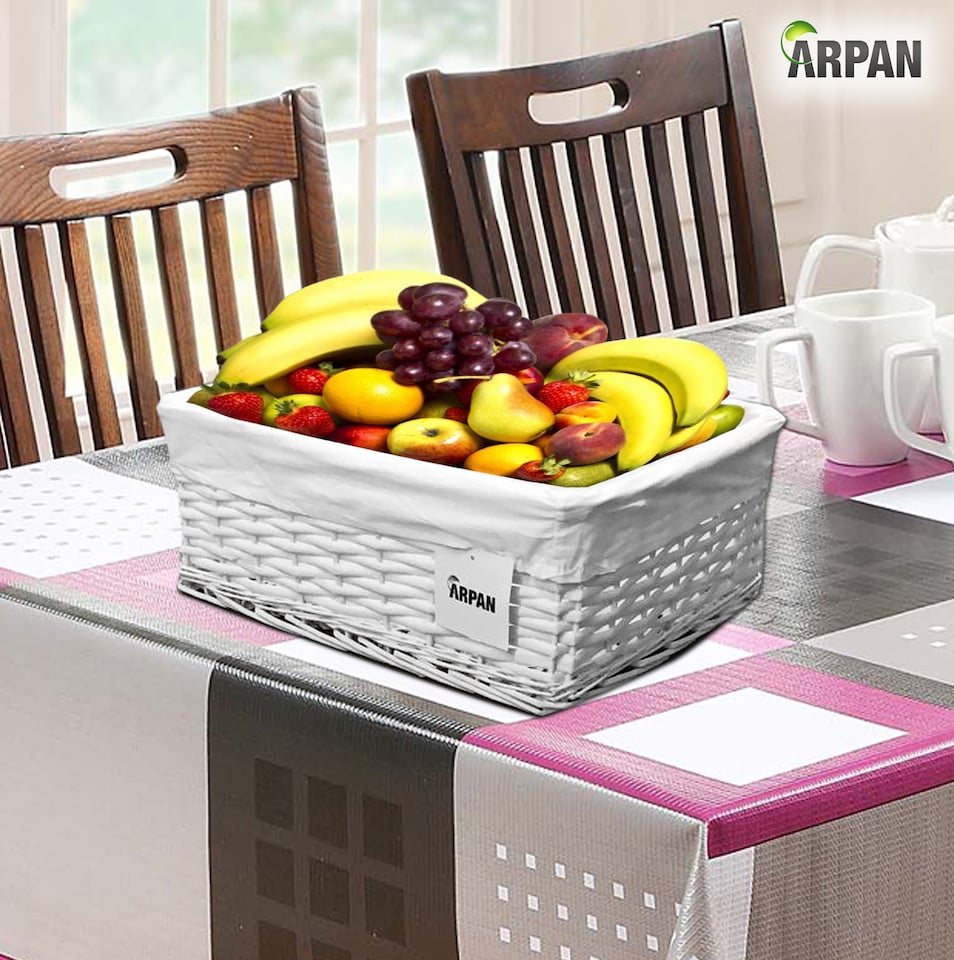 image 1 of White Wicker Storage & Hamper Basket with White Cloth Lining – Basket for Xmas, Wedding, Confetti & Parties, Snack Display