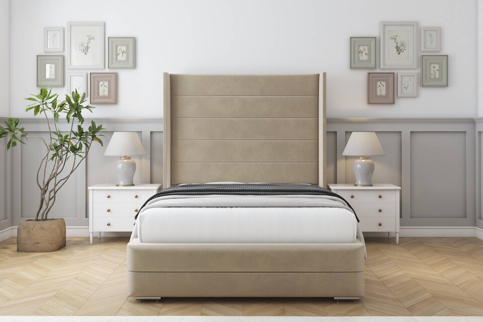 image 1 of Sloomy Sterling Almond Coniston Bed Frame With Mattress With 50"  Upholstered Wingback Headboard 5' King