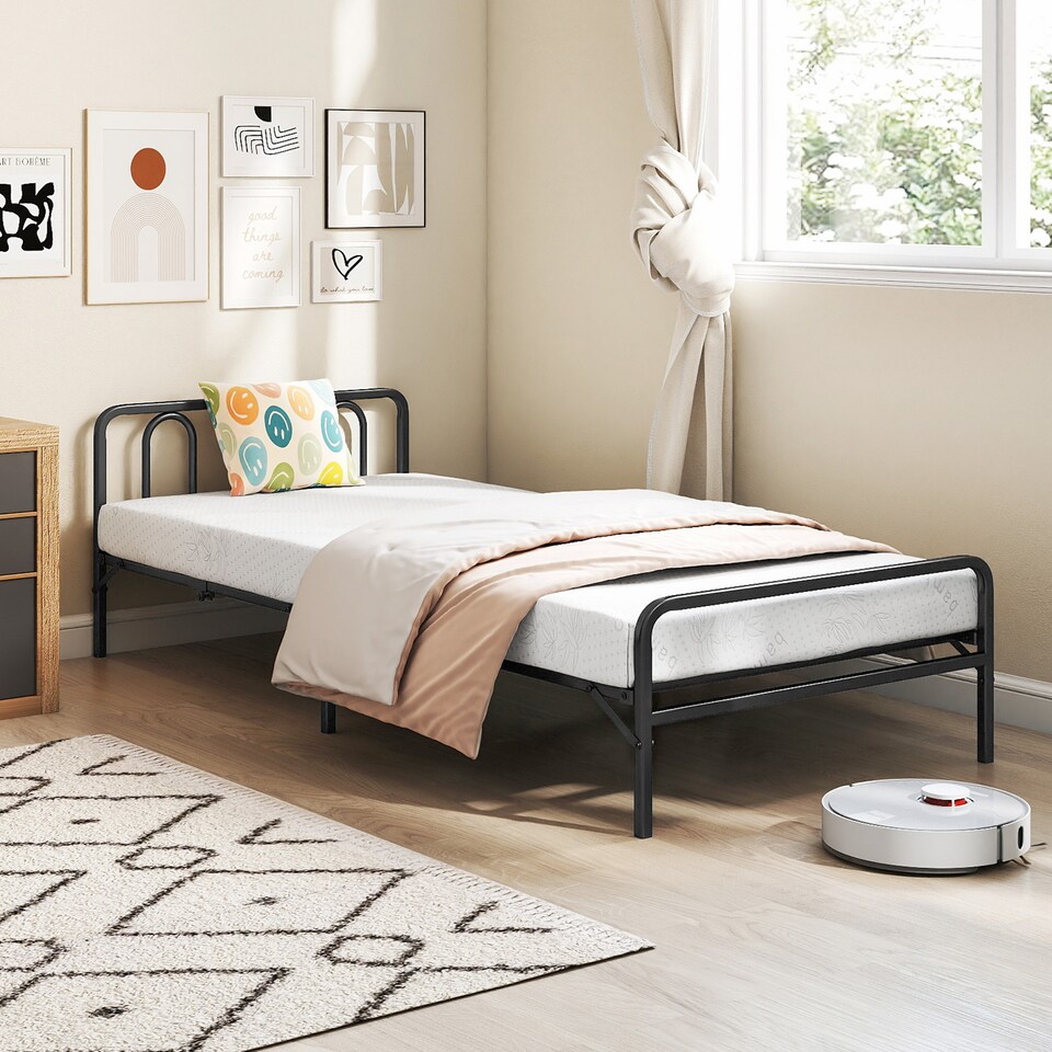 image 1 of COSTWAY Foldable Bed Frame Portable Folding Bed with Headboard   Footboard Black