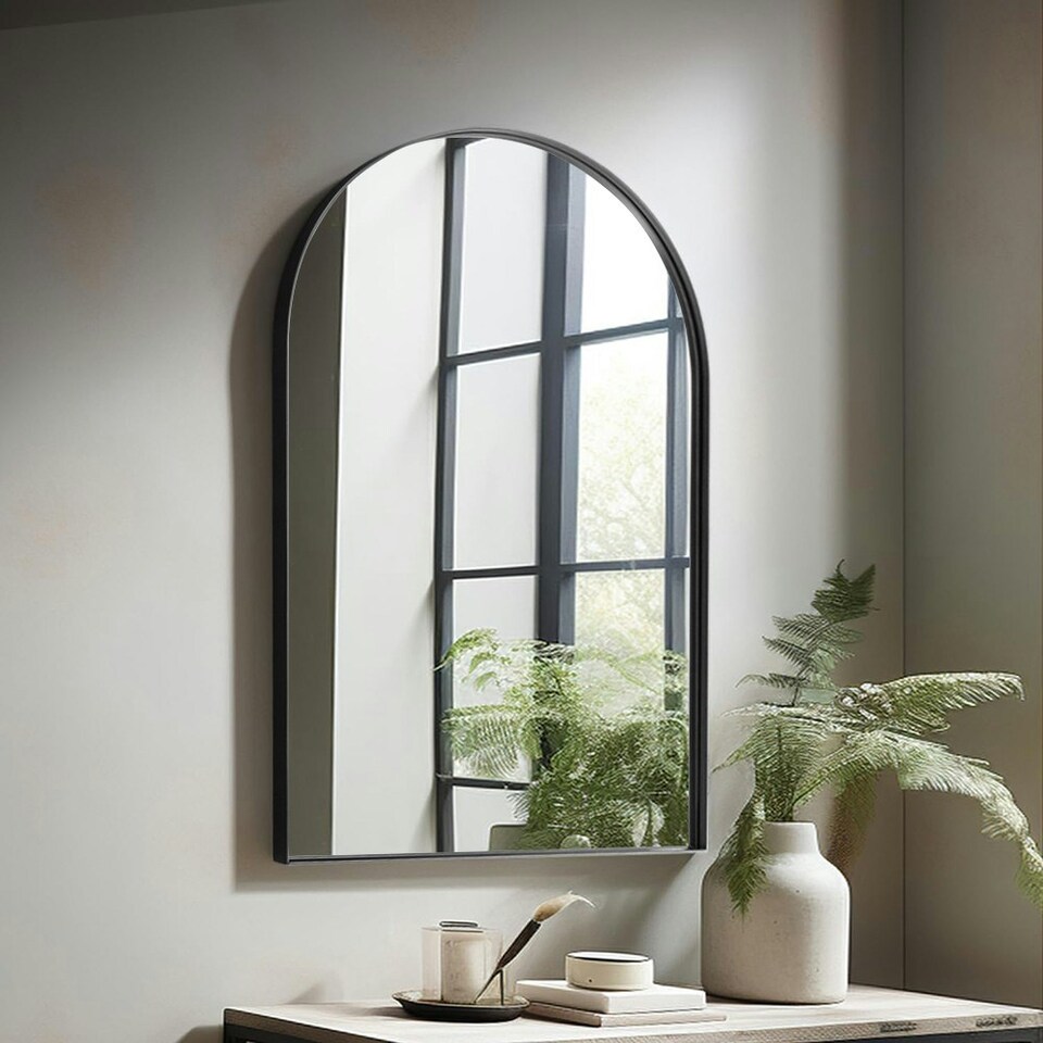 image 1 of Living and Home Arch-Shape Metal Framed Wall Mirror Decorative - 50*75cm Black