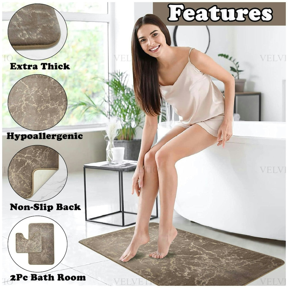 image 1 of VELVETIO Glitter Bath Mat Set Non Slip Water Absorbent Toilet Rugs Brown | Natural