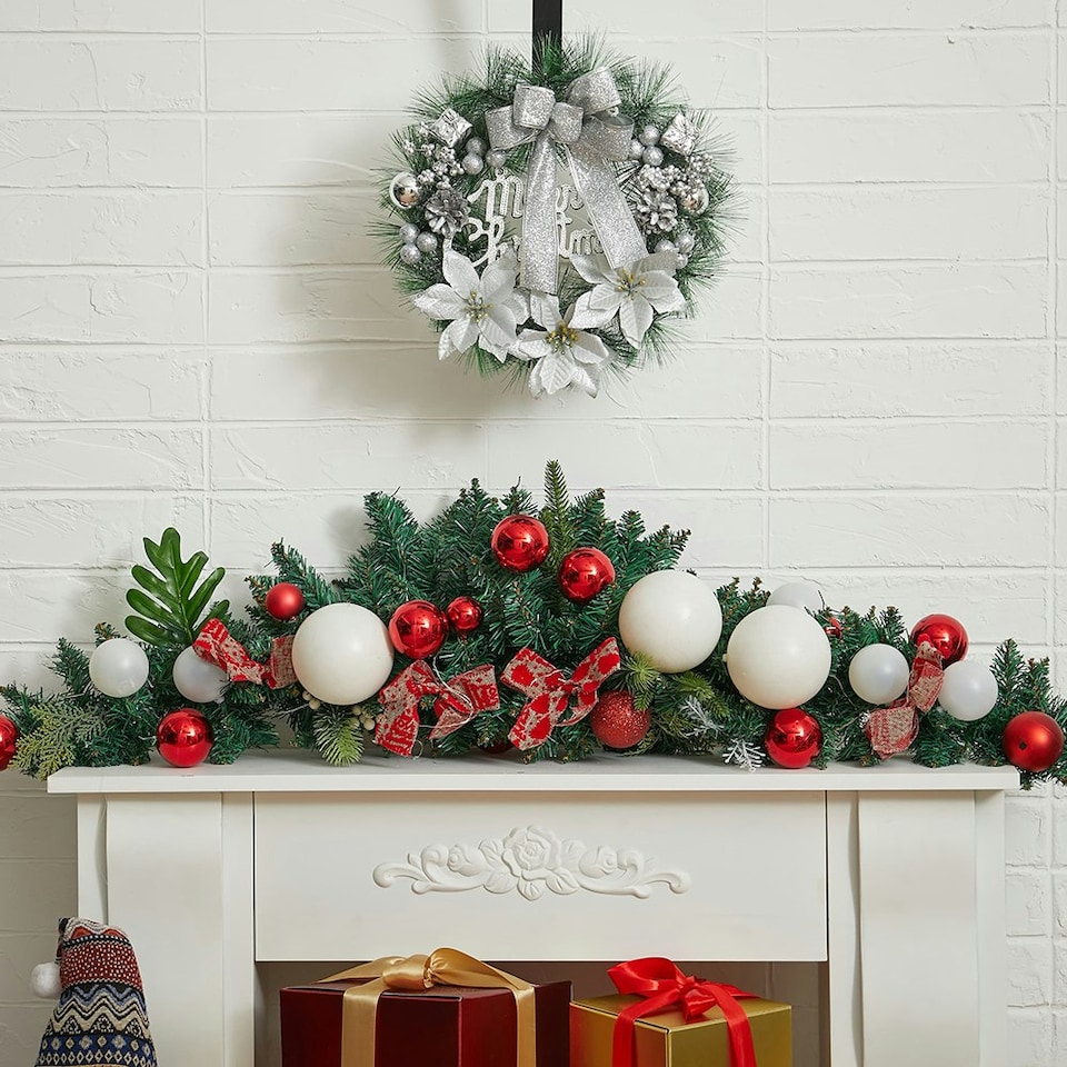 image 1 of Living and Home Christmas Wreath with Mixed Silver Decorations - 30cm