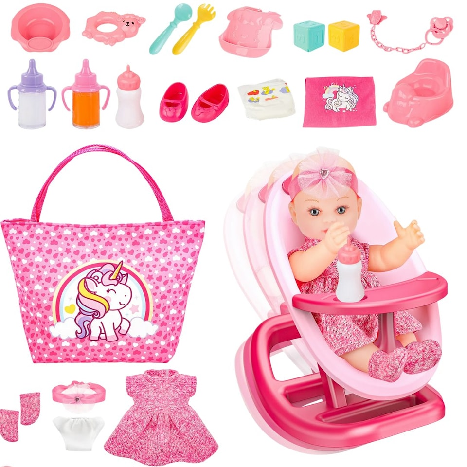 image 1 of 2-in-1 Baby Doll Playset – 20-Piece Nursery Pretend Play Toy with Rocker Chair & Accessories - Gift for Girls Ages 3-8