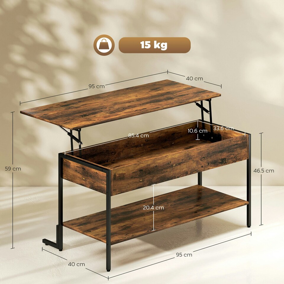image 1 of HOMCOM Industrial Lift Top Coffee Table with Storage Shelf Rustic Brown Brown