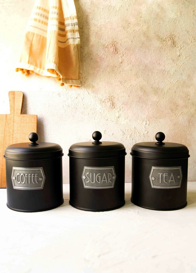 image 1 of Black Coffee, Tea, And Sugar Canister Set - 17 cm (H) x 13 cm (Dia)