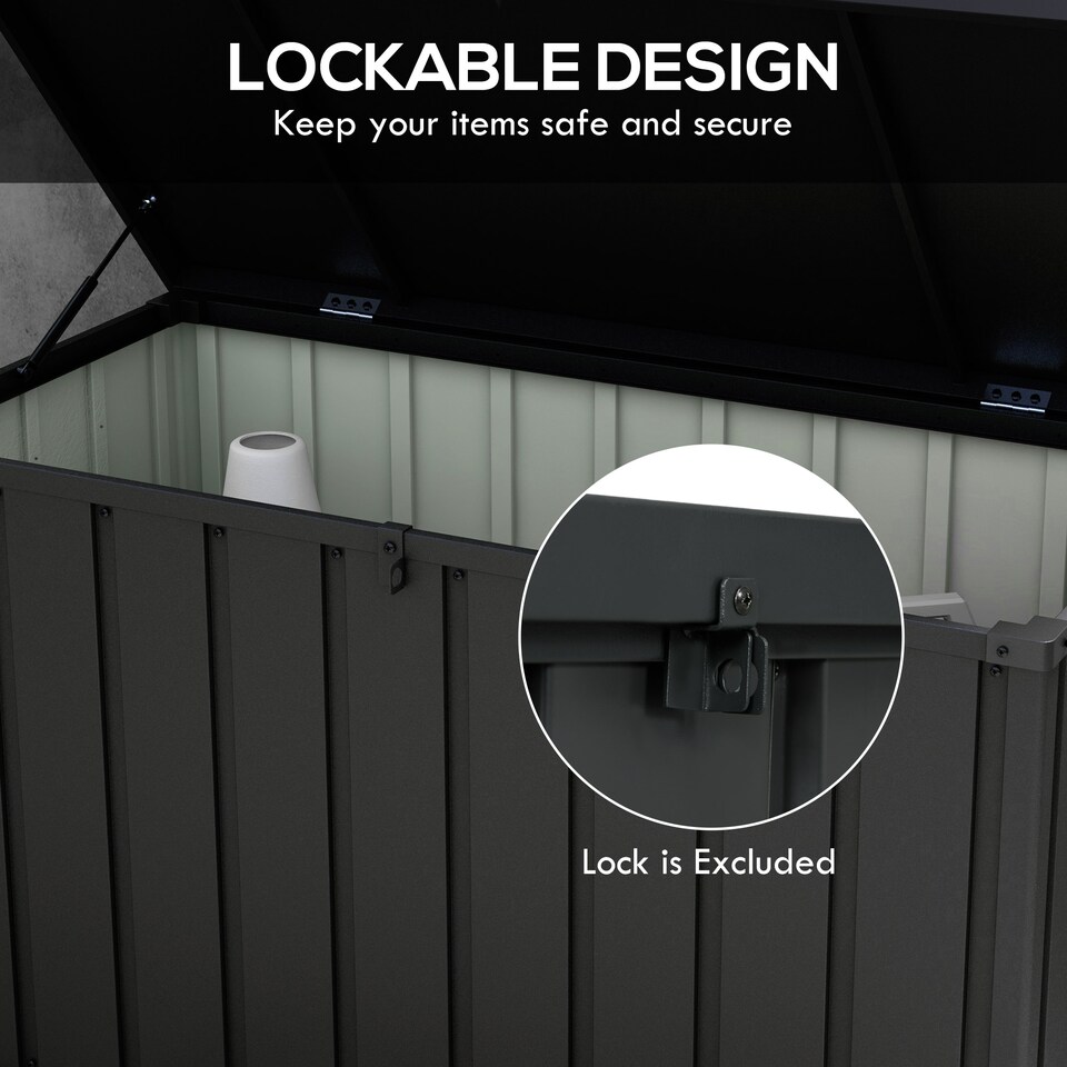 image 1 of Outsunny 450 Litre Garden Storage Box, Outdoor Storage Box with Wheels and Handles, Lockable Galvanised Steel Outside Deck Box Organiser for Tools, Cushions, Dark Grey