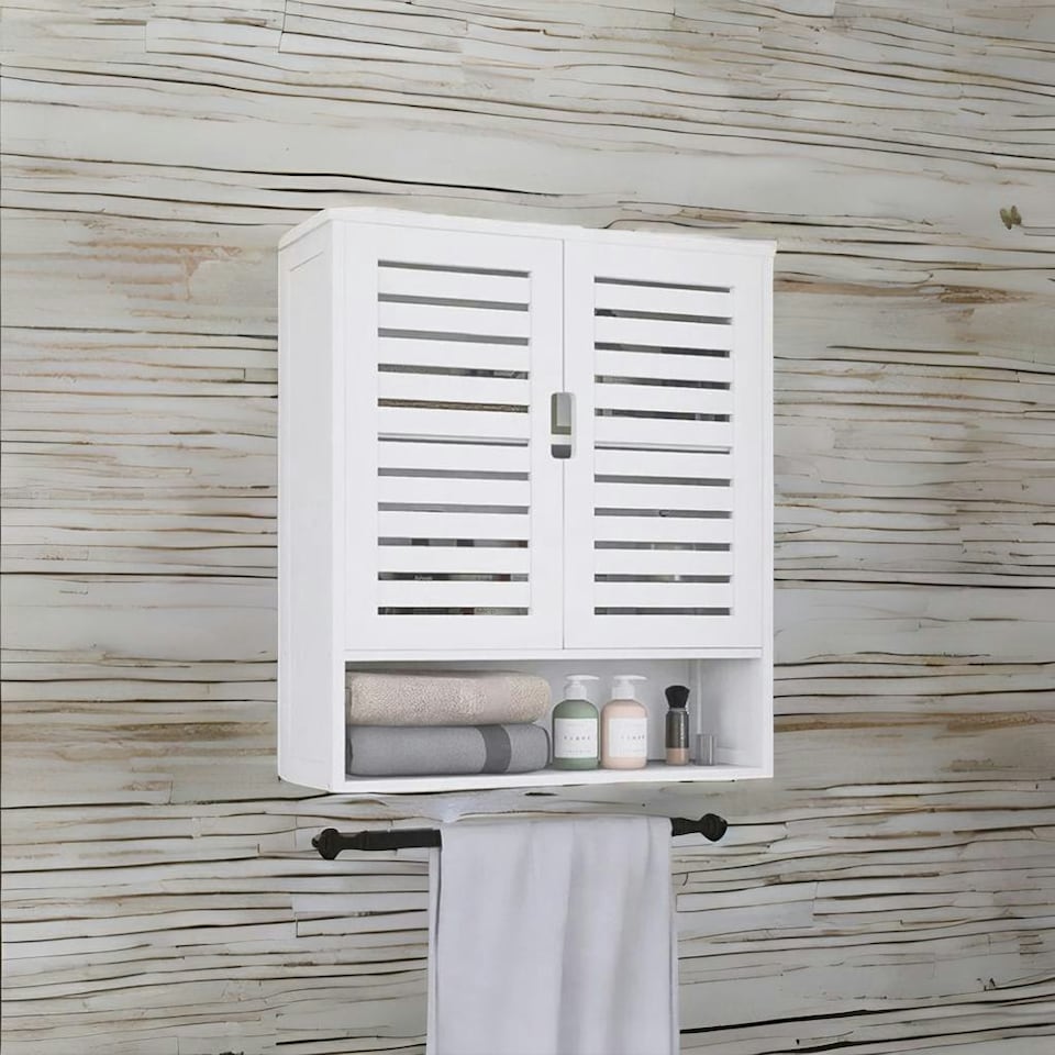 image 1 of Wooden Bathroom Wall Storage Cabinet Organiser White White