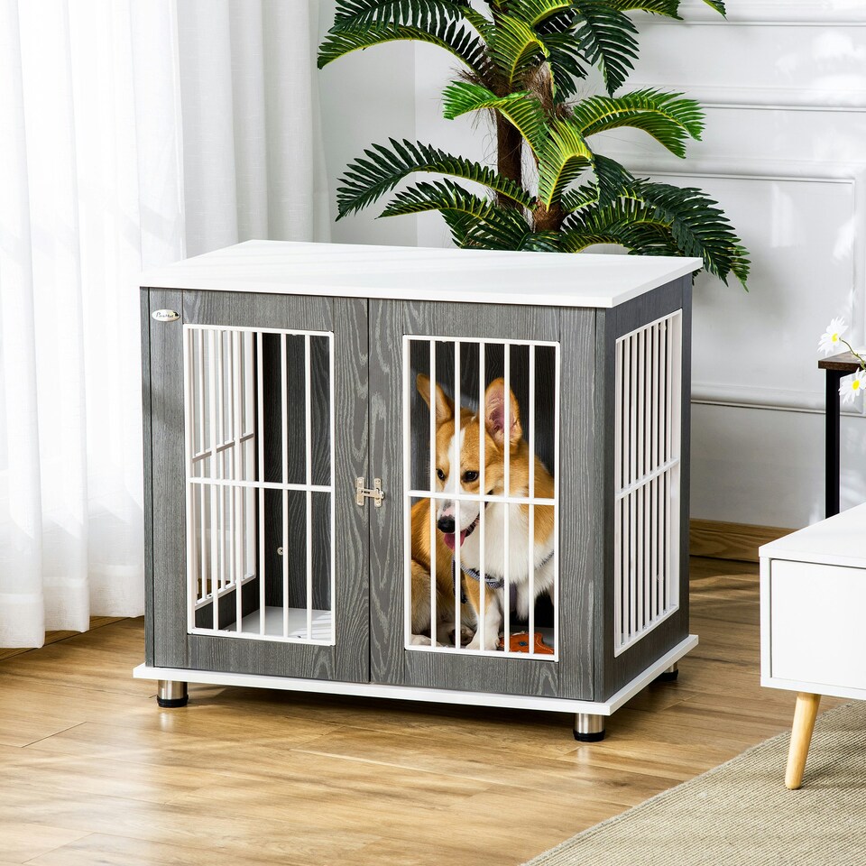 image 1 of PawHut Modern Dog Crate Pet Kennel Cage w/ Lockable Door - Grey & White