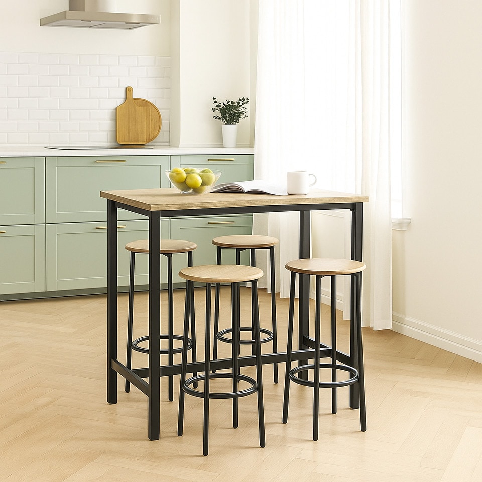 image 1 of CANCUN Bar Table & Stools Set Kitchen Dining Breakfast Industrial Furniture | Multi | 5 Piece Oak