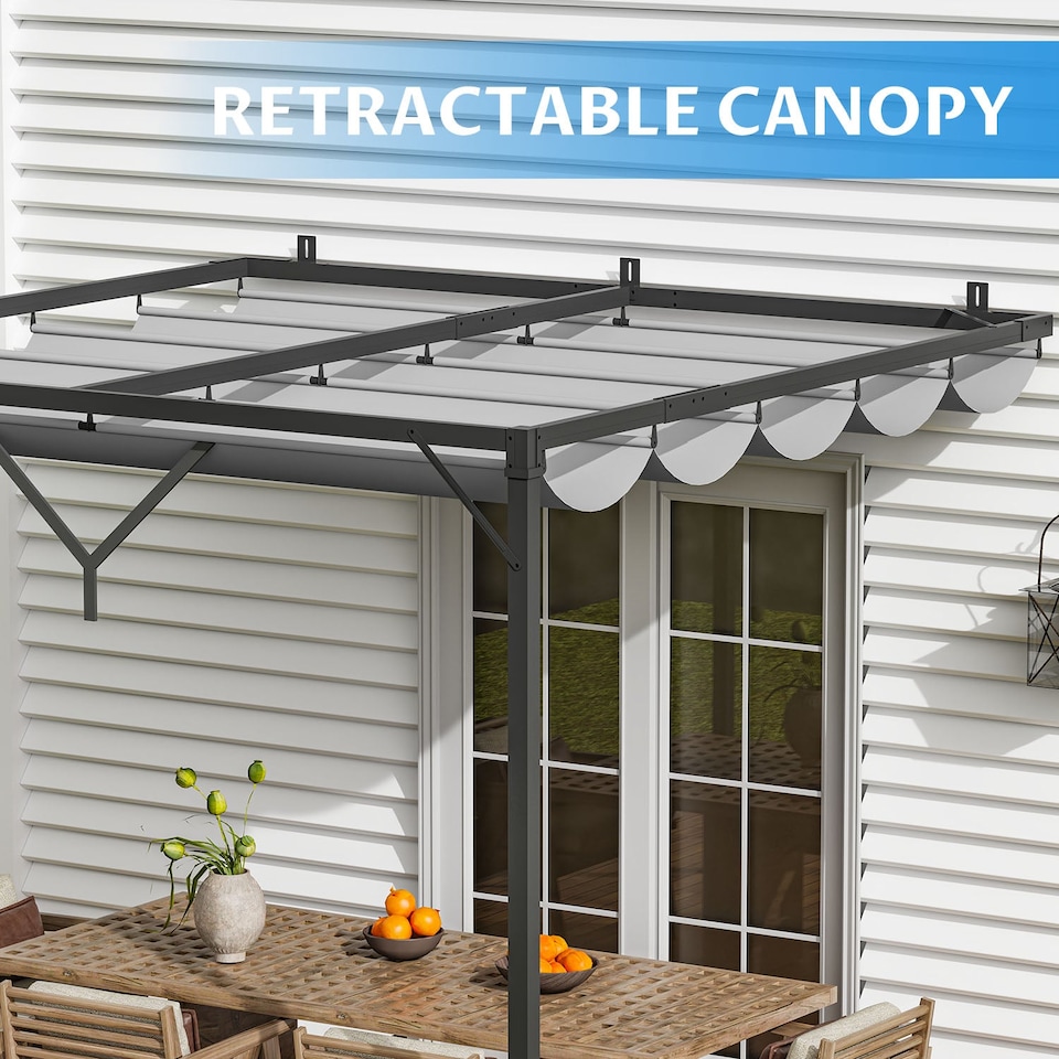 image 1 of Rattantree Lean To Wall Metal Pergola Gazebo With Retractable Canopy 8ft x 8ft