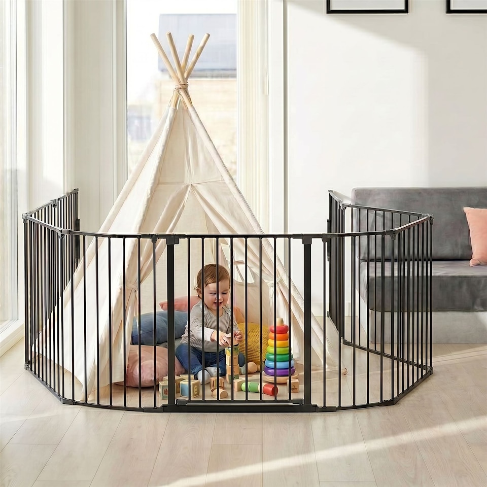 image 1 of Safetots Premium Extra Tall Room Divider, up to 298cm Wide, Black, 105cm Tall, Multi Panel Barrier for Baby and Toddler | Black