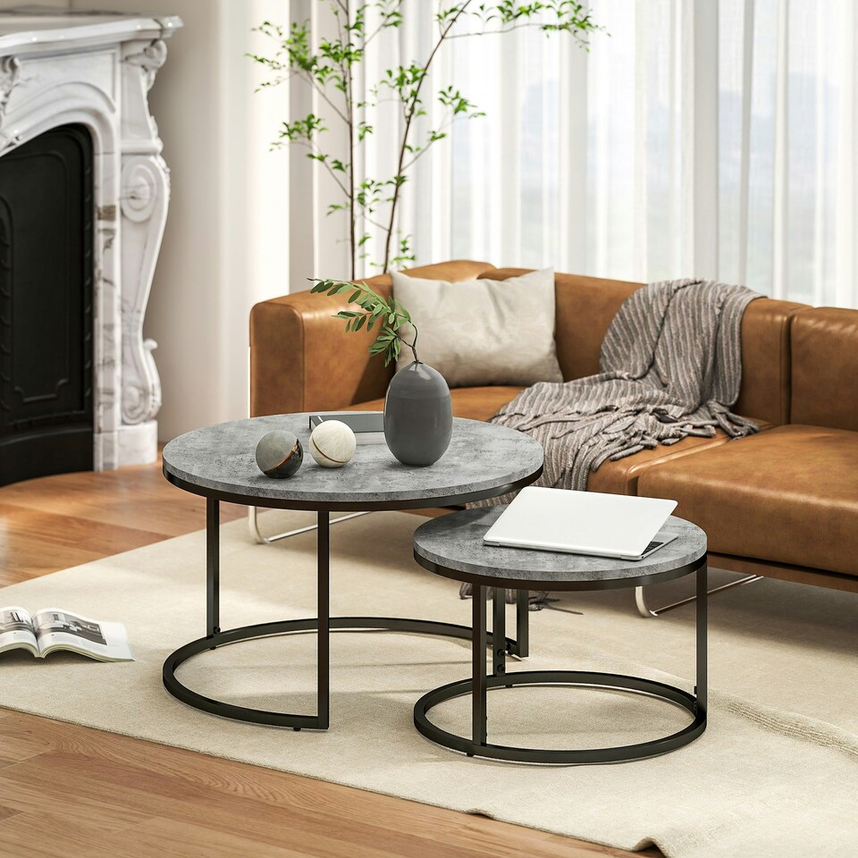image 1 of HOMCOM 2 Pcs Stacking Coffee Table Set Steel Frame Marble-Effect Top Foot Pads | Grey | 78.5x78.5x46.5