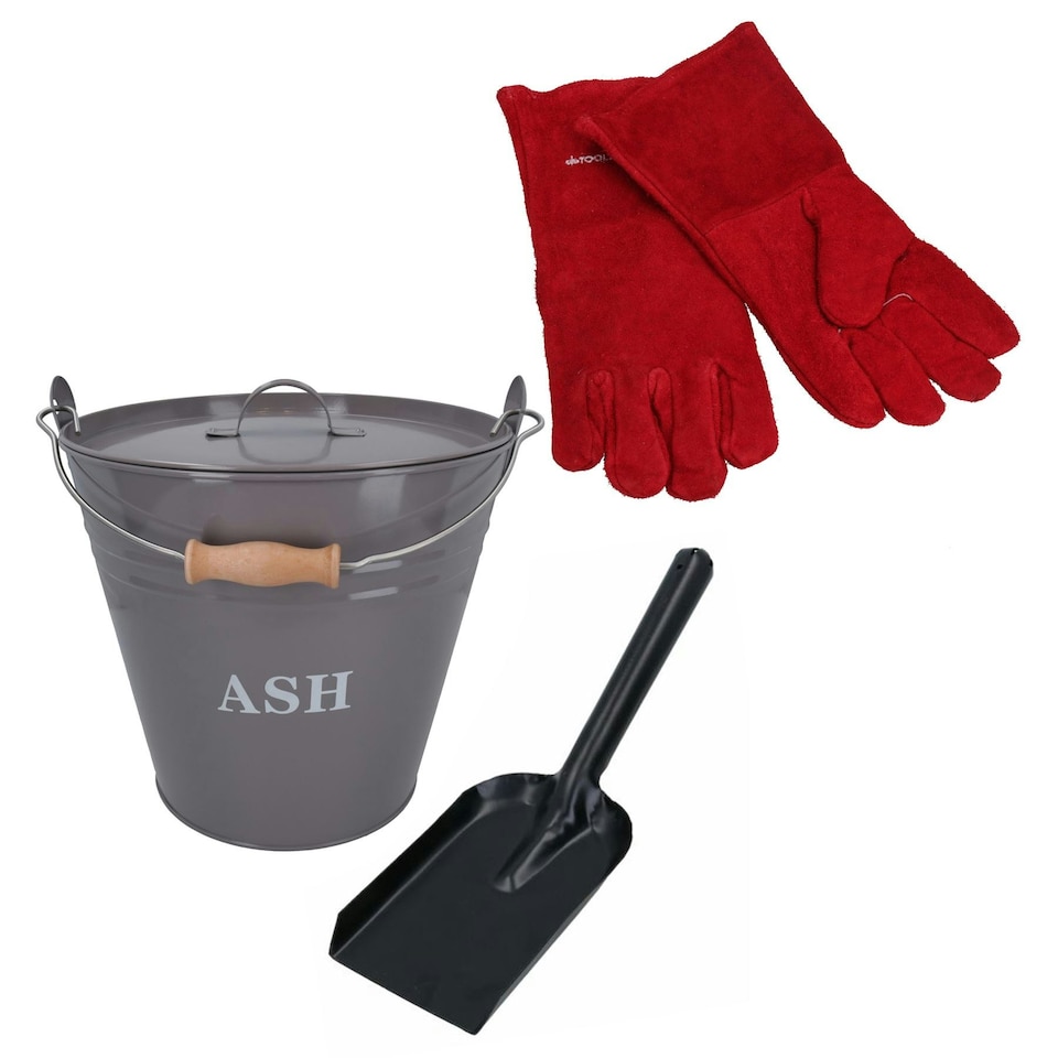 image 1 of Grey Coal Bucket With Lid, 5" Shovel & Gloves Metal Ash Tidy Bin Fire Log Burner