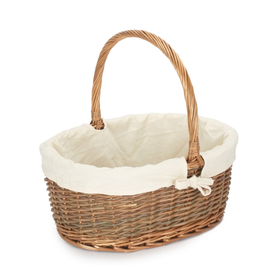 image 1 of Medium Oval Unpeeled Willow Shopping Basket With White Lining | White | White