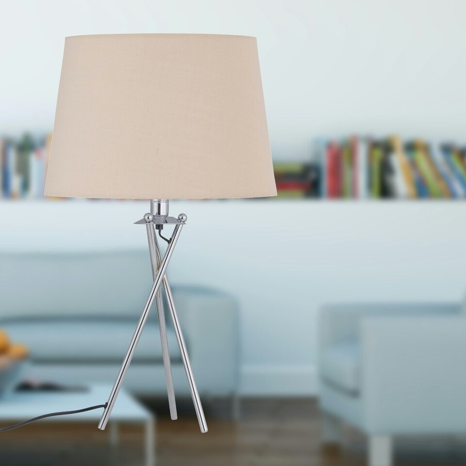 image 1 of First Choice Lighting Set of 2 Tripod Table Lamps with Natural Cotton Fabric Shades Chrome | Brown