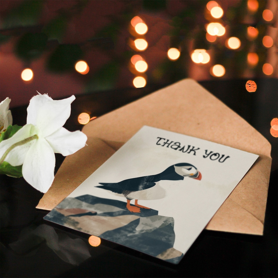 image 1 of Cute Puffin Bird on Rock Bright Graphic Design Thank You Card