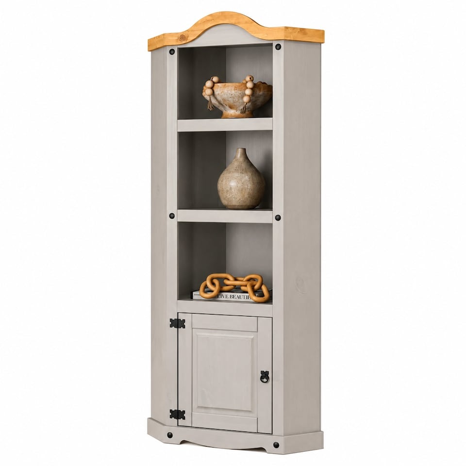 image 1 of Corona Corner Display Unit Grey Bookcase Pine Cupboard 3 Book Shelves