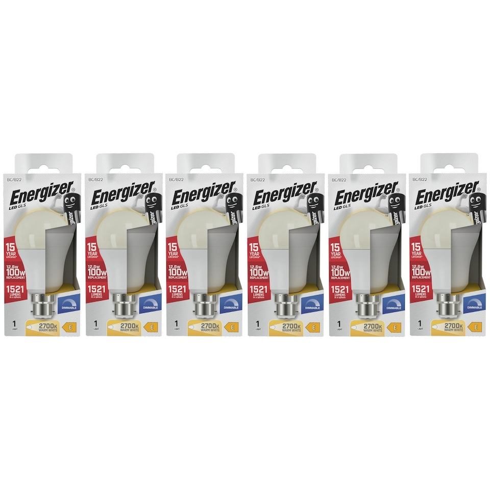 image 1 of Energizer LED GLS B22 1521lm 12.6W 2700K (Warm White) Dimmable Light Bulb - Pack of 6