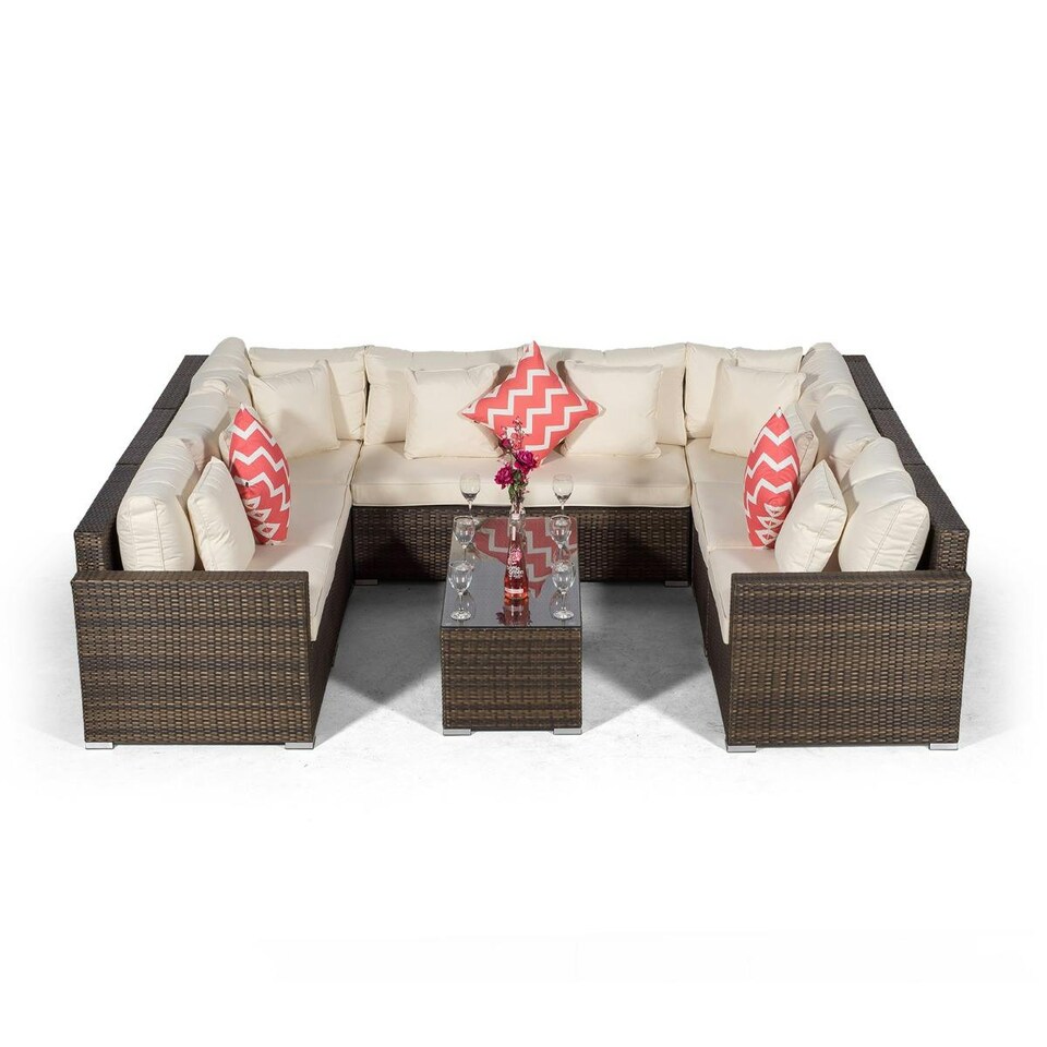 image 1 of Havana 8 Seat Rattan Corner Sofa Conversation Set w/ Large Coffee Table | Brown | Brown