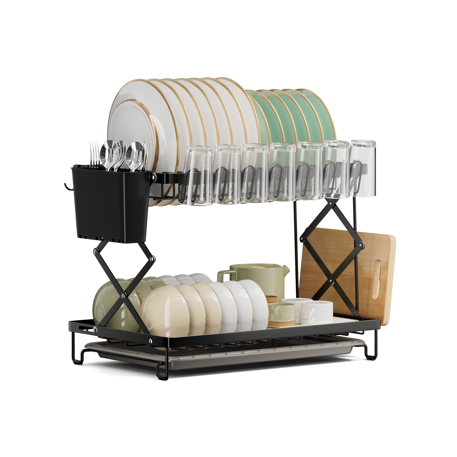 Living and Home Foldable 2-Tier Dish Drying Rack with a Drip Tray