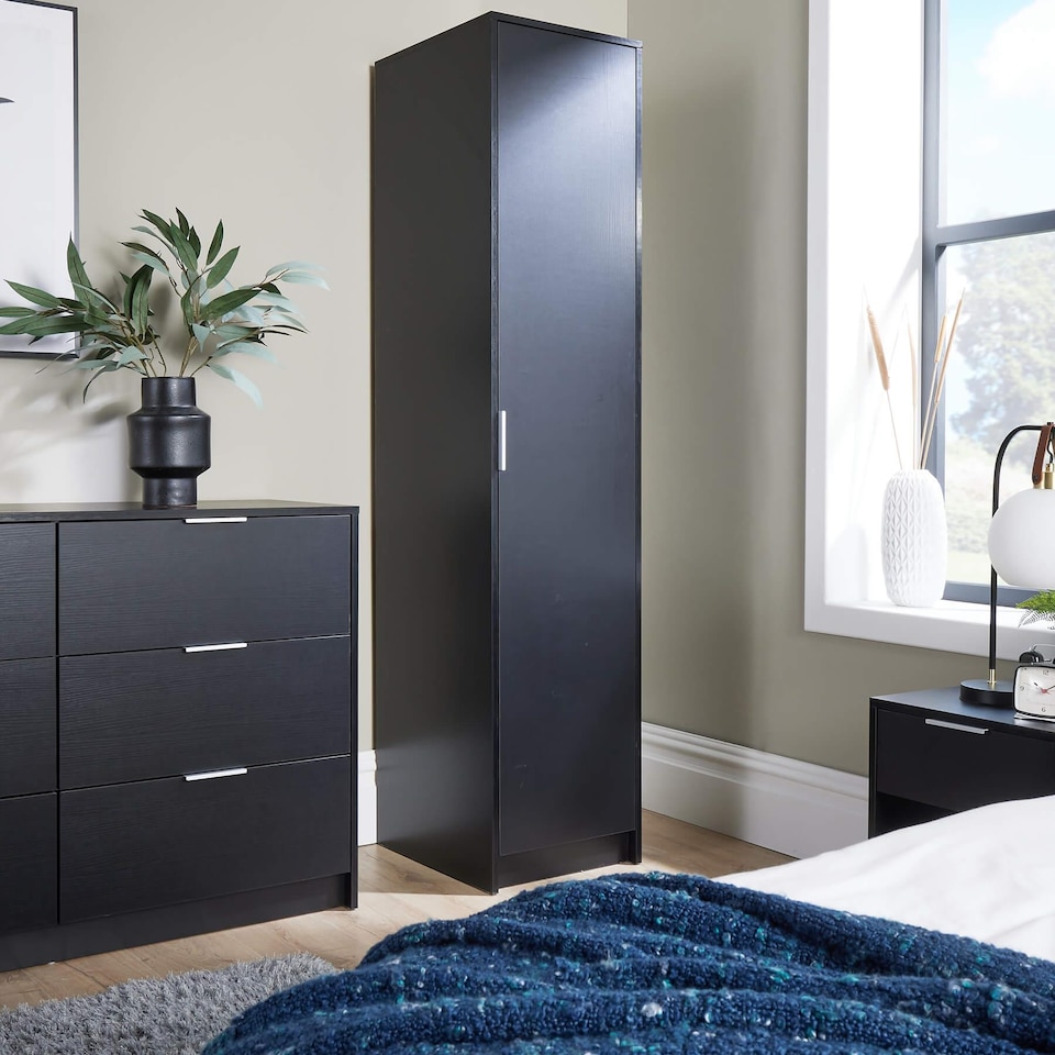 image 1 of Phoenix Wardrobe 1 Door Space Saving Bedroom Home Furniture Clothing Storage Unit | Black