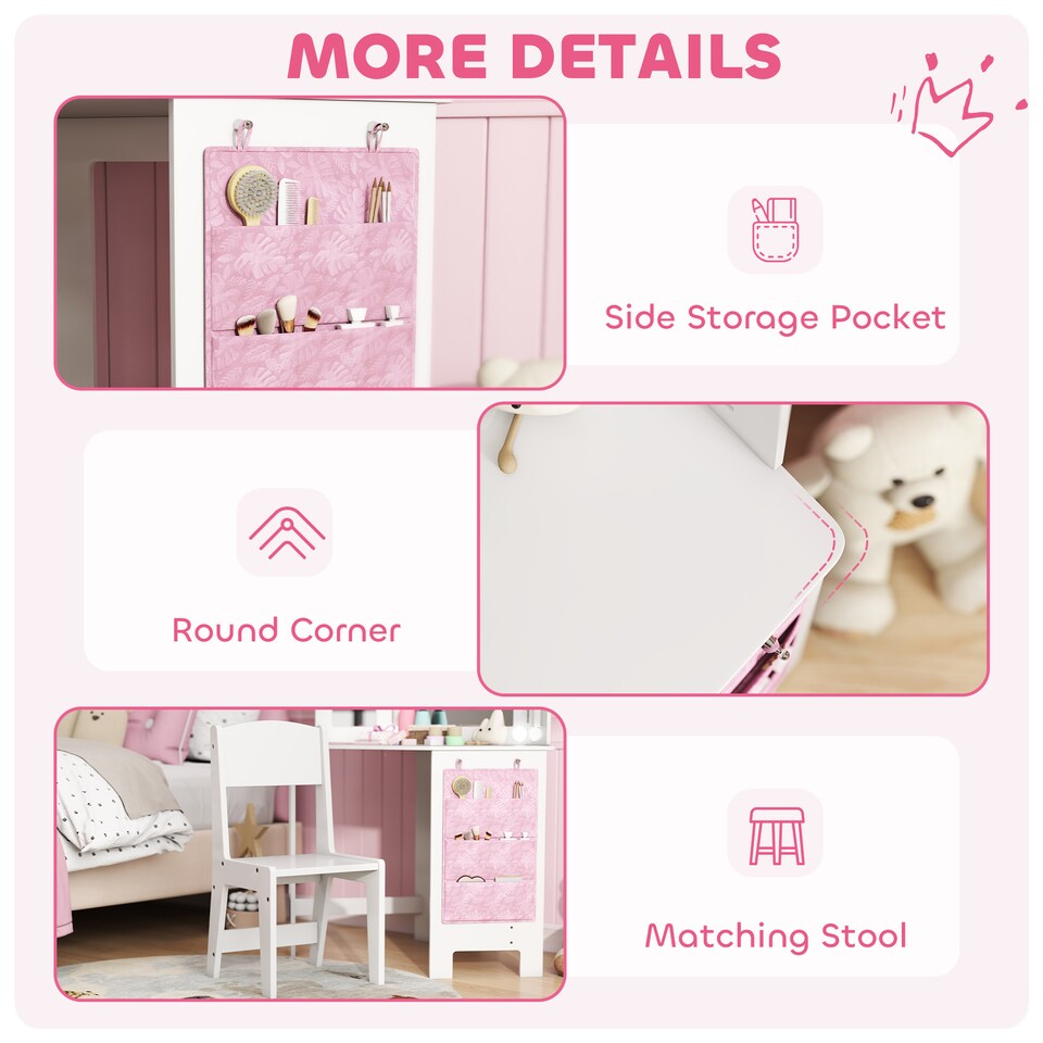 image 1 of AIYAPLAY Kids Dressing Table and Stool Set, Girls Vanity Table with 2-Colour LED Lights, Tri-Folding Mirror and Side Storage Pocket, Children Makeup Desk for Ages 3-8 Years, White