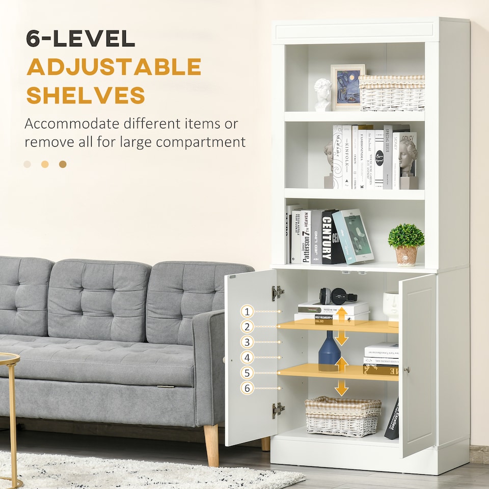 image 1 of HOMCOM Kitchen Cupboard with 6-tier Shelving, Freestanding Storage Cabinet Sideboard, Pantry Cupboard with 3 Open Compartments and Double-door Cabinet with Adjustable Shelves, White