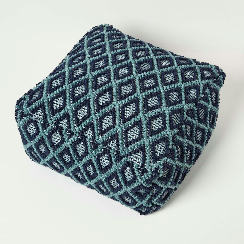 image 1 of Homescapes Tula Handwoven Textured Navy & Teal Pouffe Bean Cube