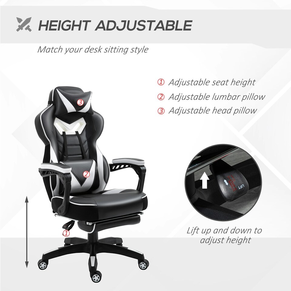image 1 of Vinsetto Gaming Chair Ergonomic Reclining Manual Footrest Wheels Stylish White