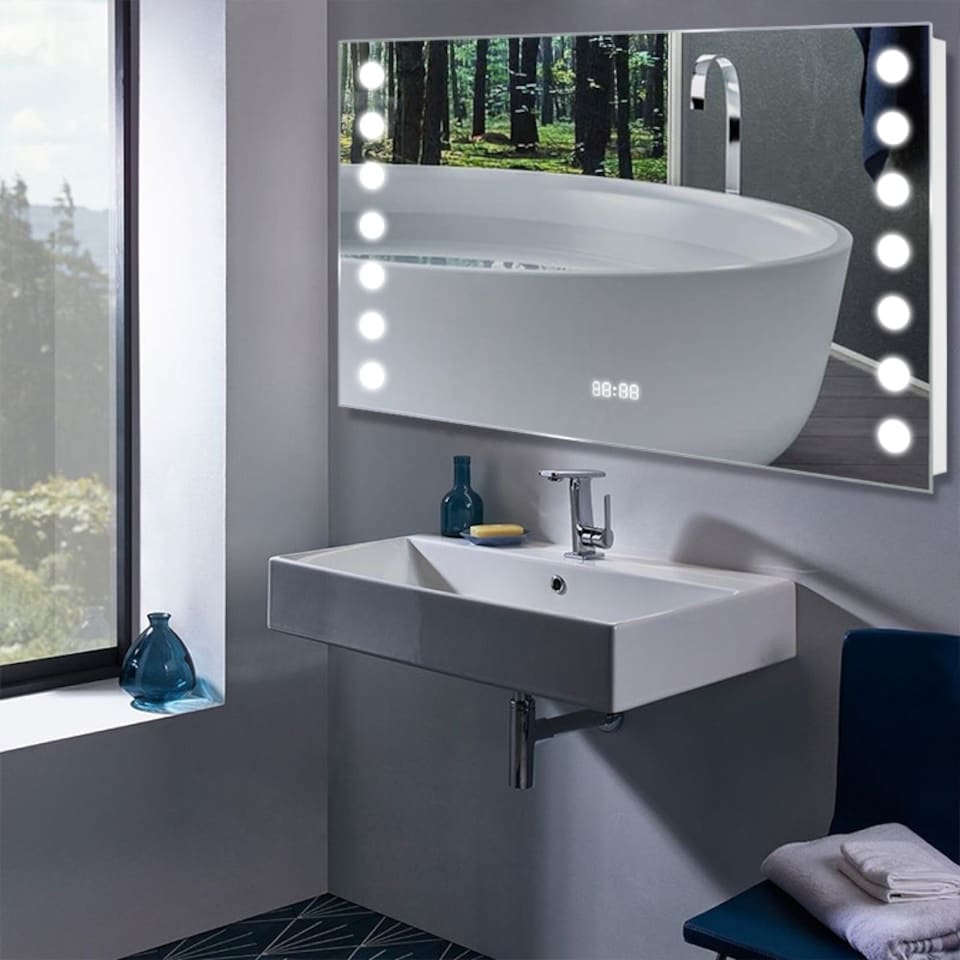 image 1 of Living and Home Fog-Free Bathroom Mirror with Round LED Lights - 80*60* H