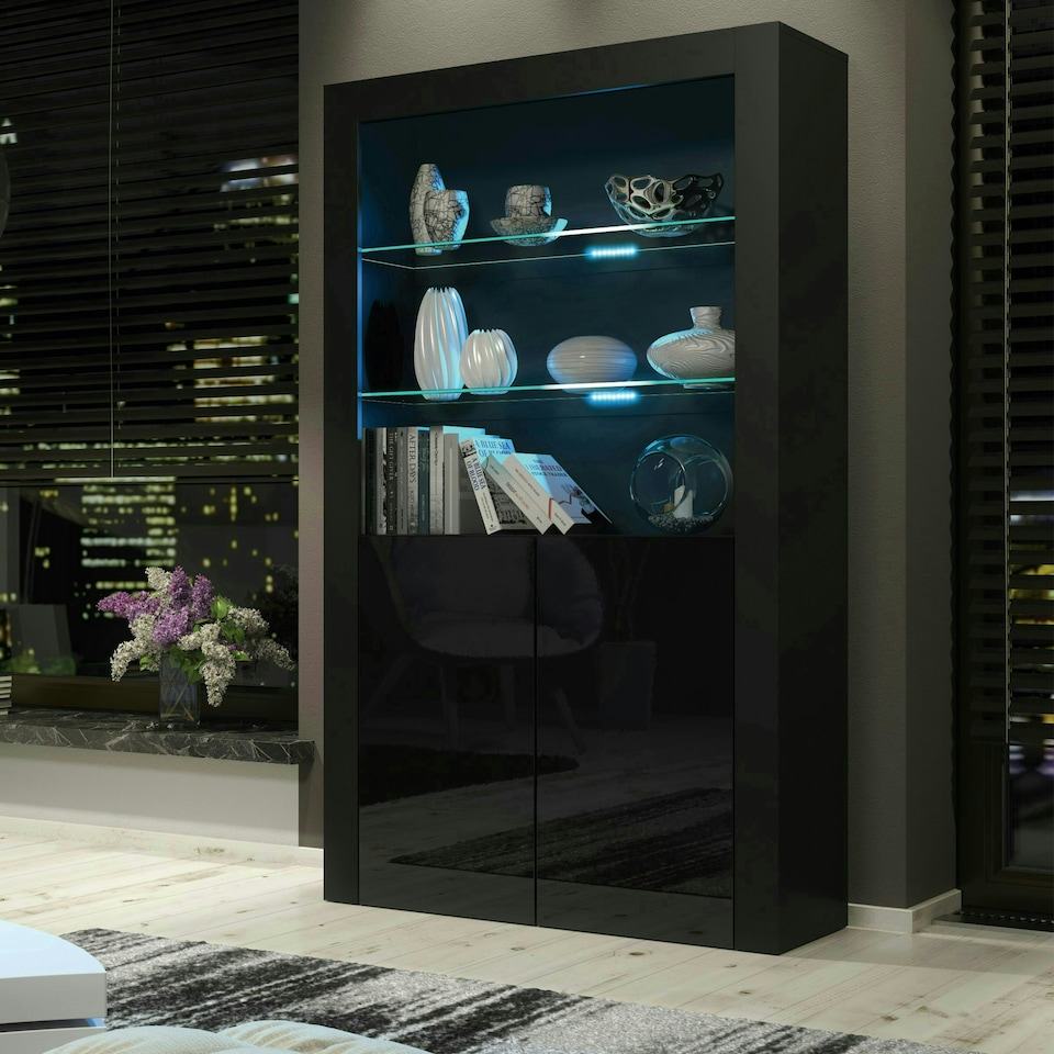 image 1 of Black Display Cabinet 100cm Gloss Doors Free LED Modern Tall Unit Black