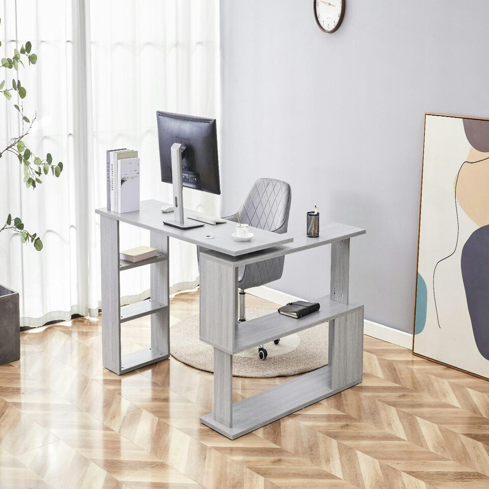image 1 of Grey Office Desk L-shaped with Grey Velvet Upholstered Chair Wooden Room Furniture Grey