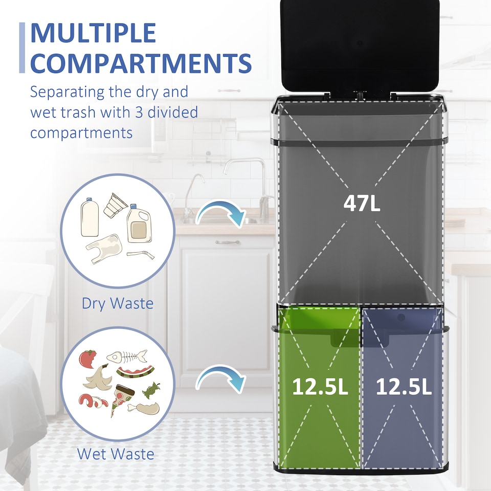 image 1 of HOMCOM 72L Recycling Sensor Bin Stainless Steel 3 Compartments For Both WetDry Waste wRemovable Lid  Kitchen Home | Chrome | 1