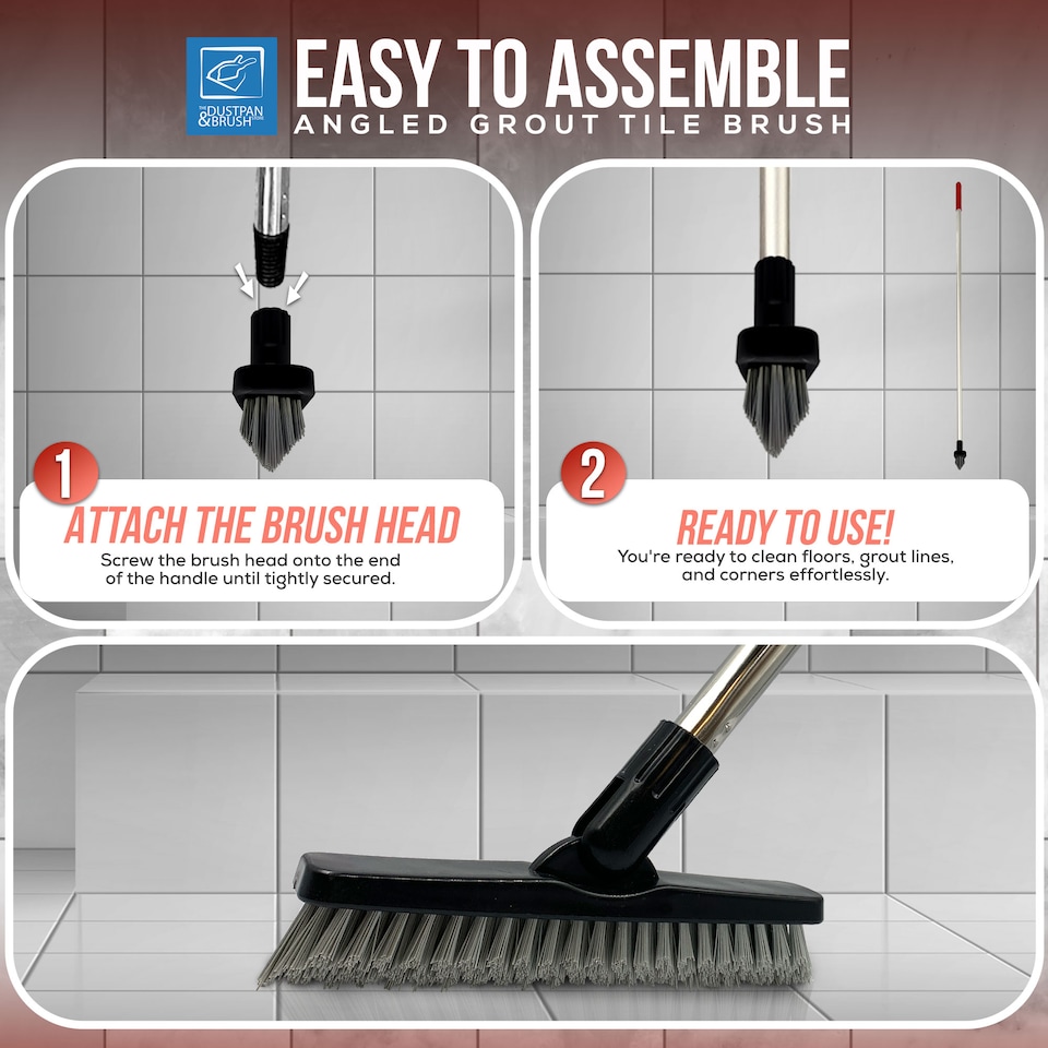 image 1 of Colour-Coded Angled Grout Brush with Handle 180° Swivel Tile & Corner Scrubber