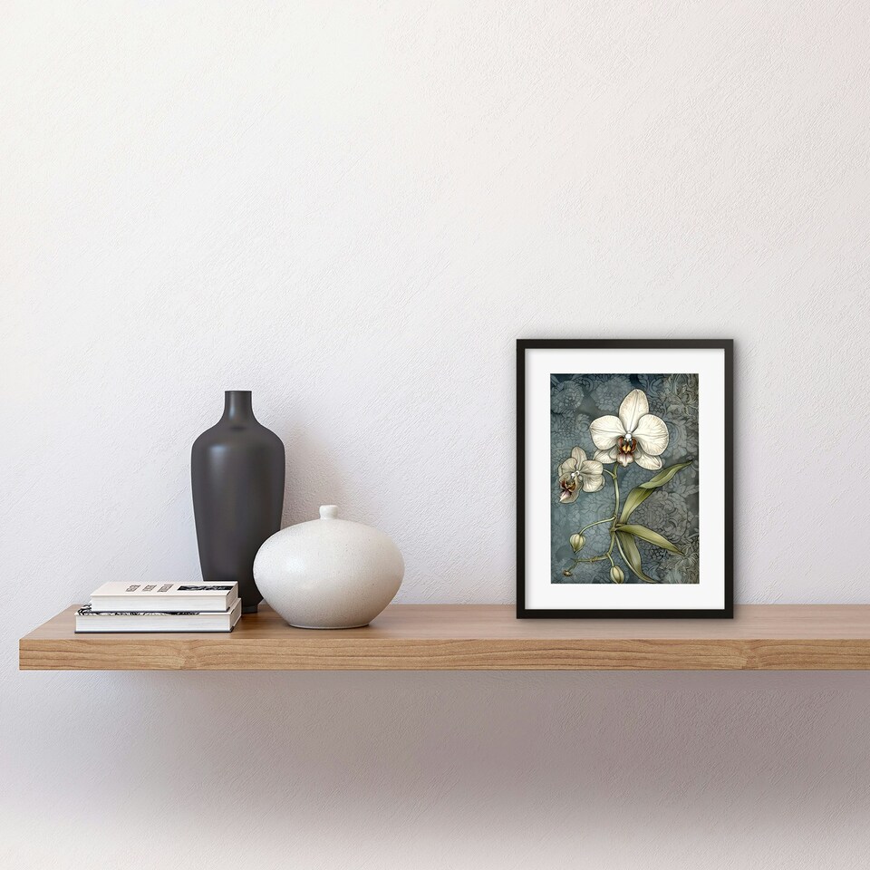 image 1 of Orchid Flower Blooms Pastel Colour Art Nouveau 9x7" Black Framed Wall Art Print