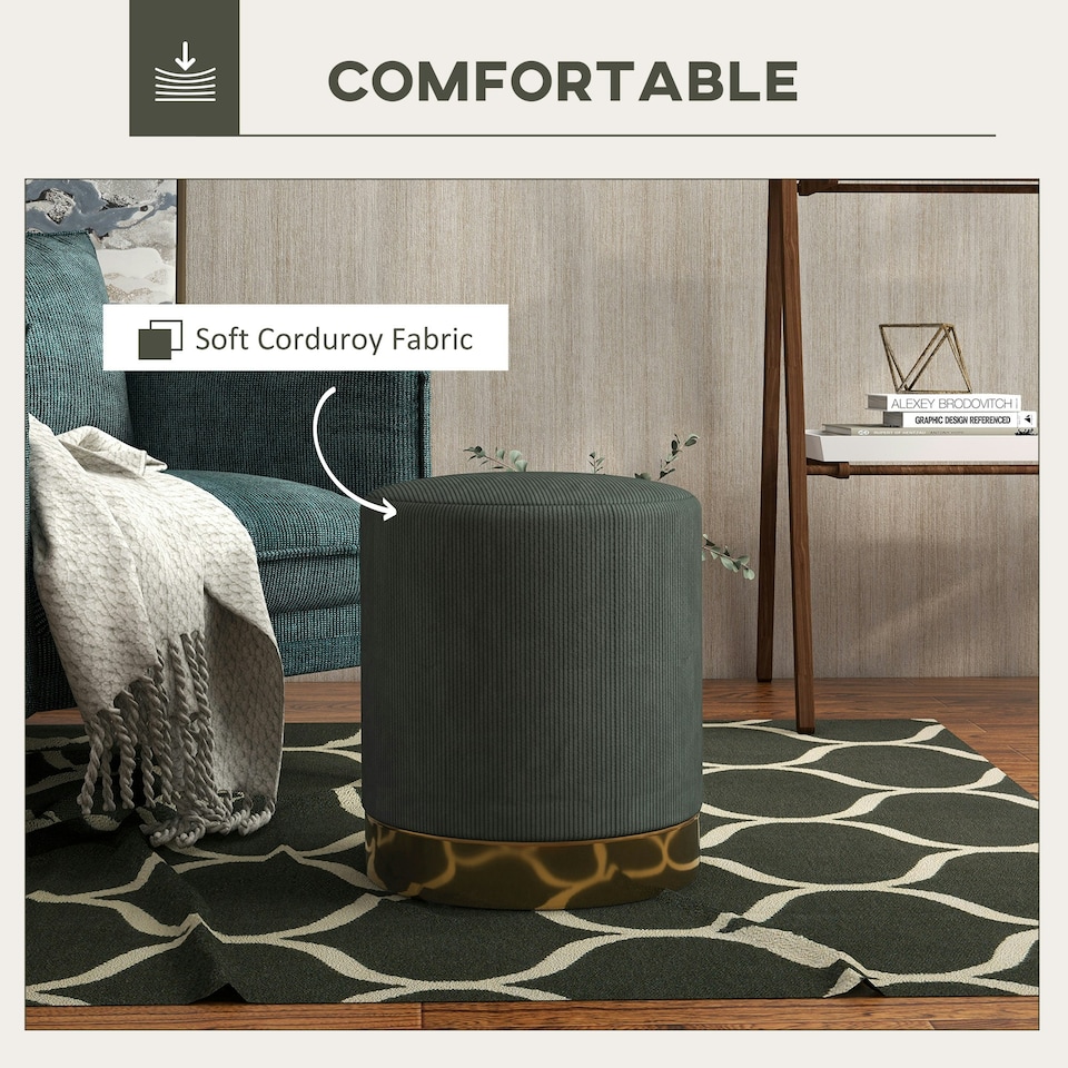 image 1 of HOMCOM Modern Round Footstool, Fabric Upholstered Foot Rest, Dark Green