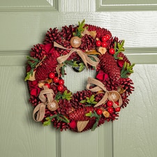 30cm Red Rose Hanging Christmas Wreath with Pinecones & Red Berries
