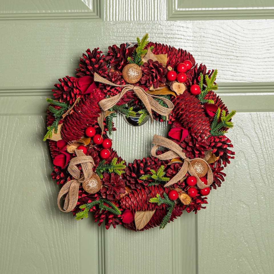 image 1 of 30cm Red Rose Hanging Christmas Wreath with Pinecones & Red Berries