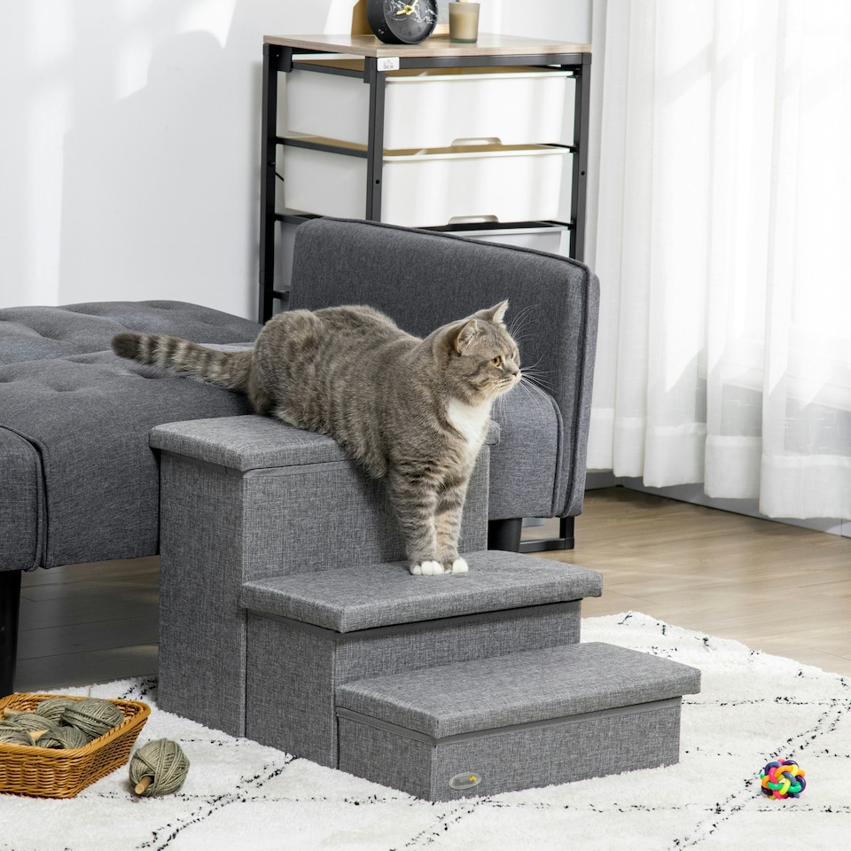 image 1 of PawHut 3 Step Dog Steps with Storage Boxes, Cat Stairs for Bed Sofa, Light Grey