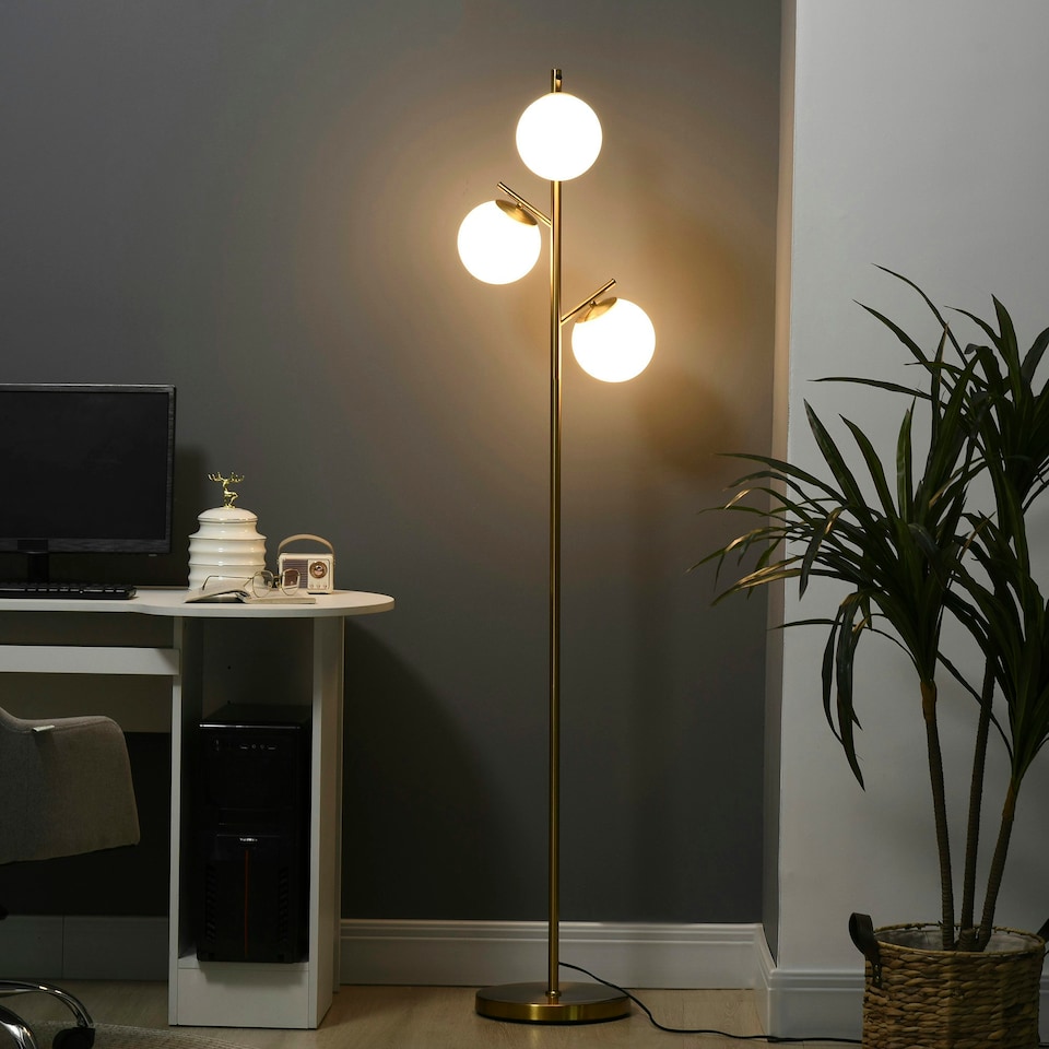 image 1 of HOMCOM Modern Tree Floor Lamp with 3 Light, for Living Room Bedroom, Gold
