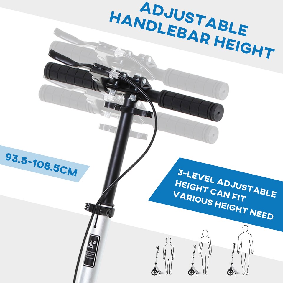 image 1 of HOMCOM Adult Teens Kick Scooter Foldable Height Adjustable Aluminium Ride On Toy for 14 older with Rear Wheel & Hand Brake, 200mm Big Wheels, Shock Mitigation System - Silver