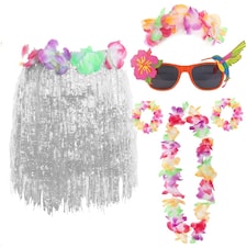 White Hula Skirt with Flower Lei & Glasses Set White | One Size