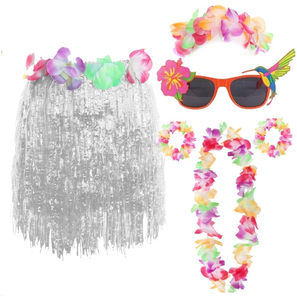 image 1 of White Hula Skirt with Flower Lei & Glasses Set White | One Size