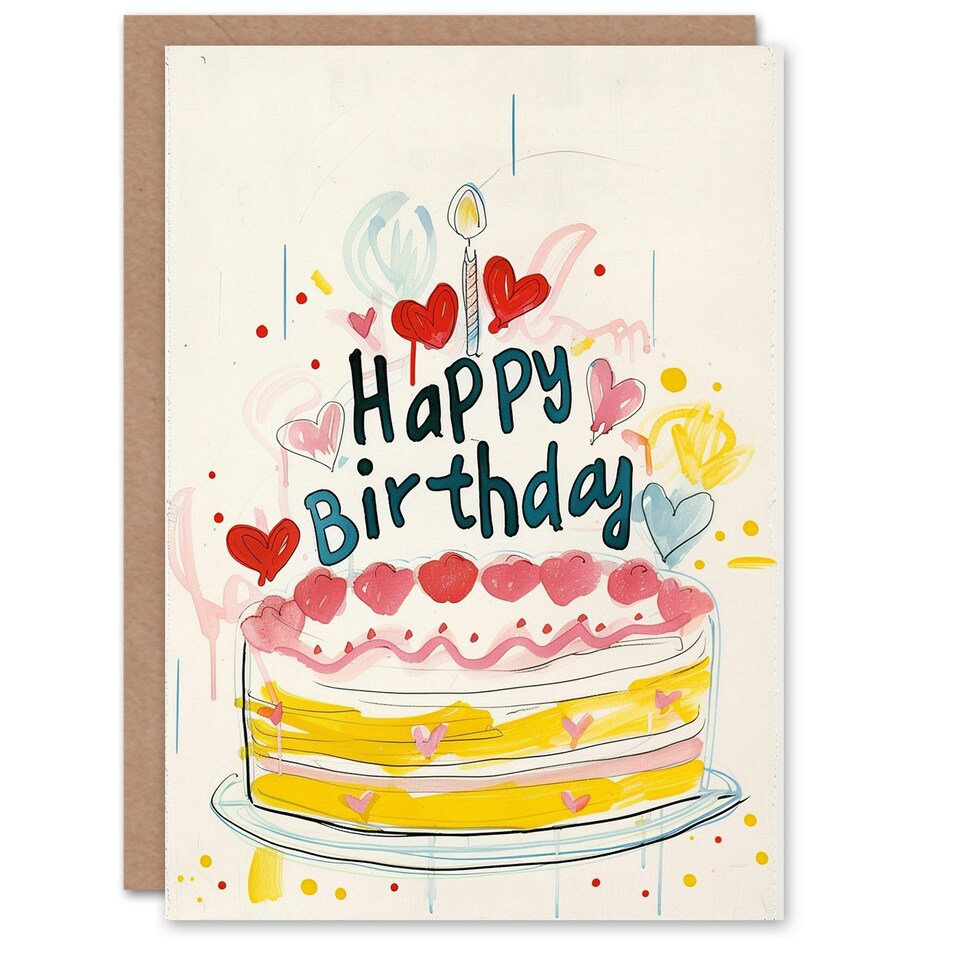 image 1 of Bright Love Heart Cake Illustration Woman Her Birthday Card
