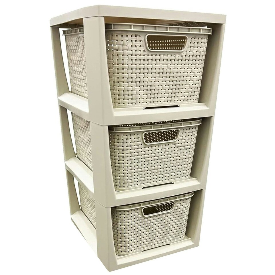 image 1 of 1 x 3 Drawer Cream Stylish Rattan Effect Commode Baskets Home Office Storage Unit Cream