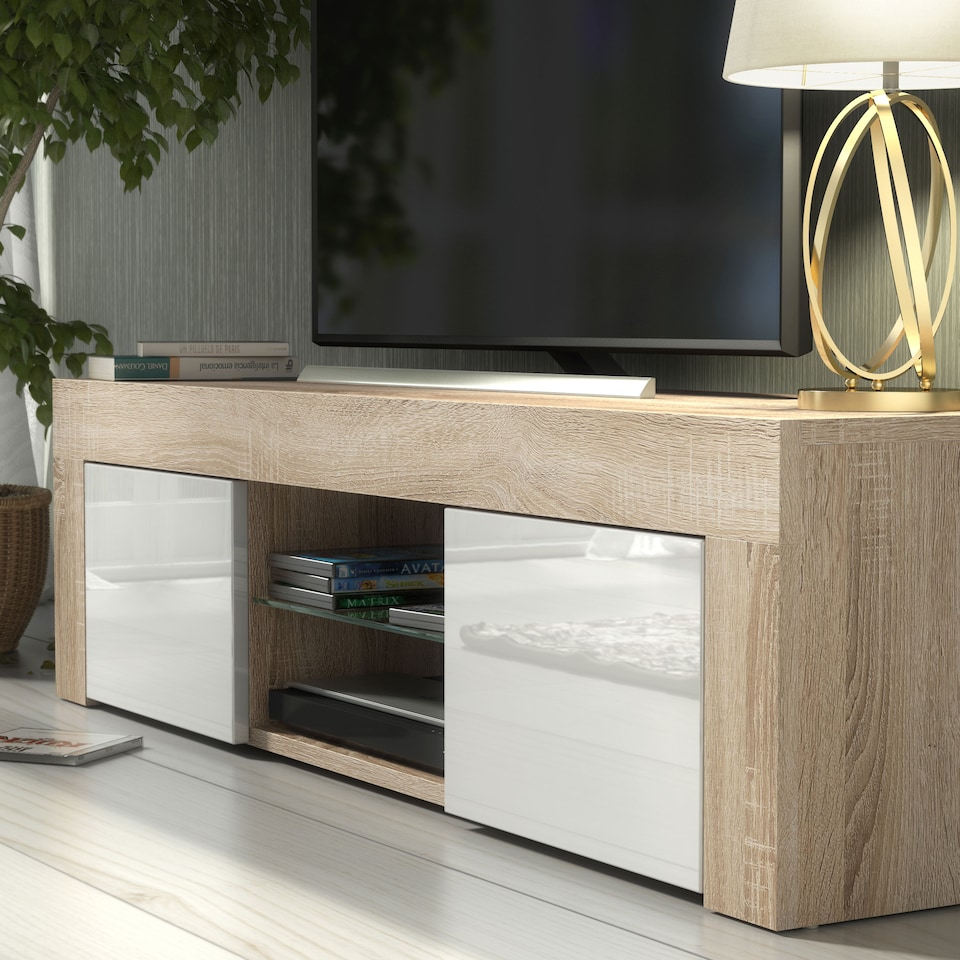 image 1 of TV Unit TV Stand Cabinet Sideboard Oak White High Gloss Storage 130cm